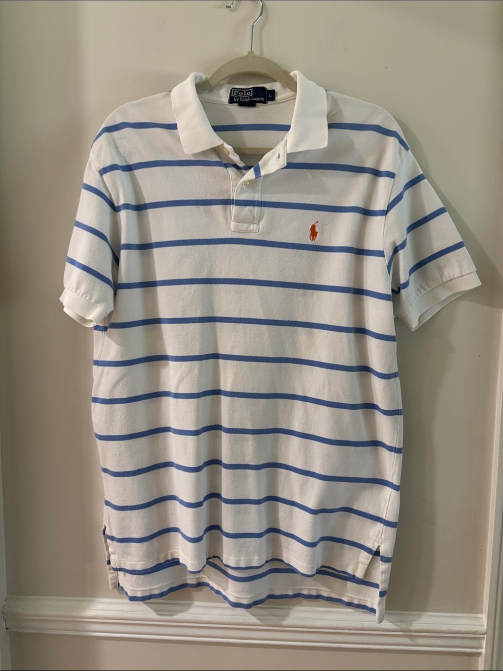 Polo by Ralph Lauren White Polo Shirt with Blue Stripes and Orange Pony